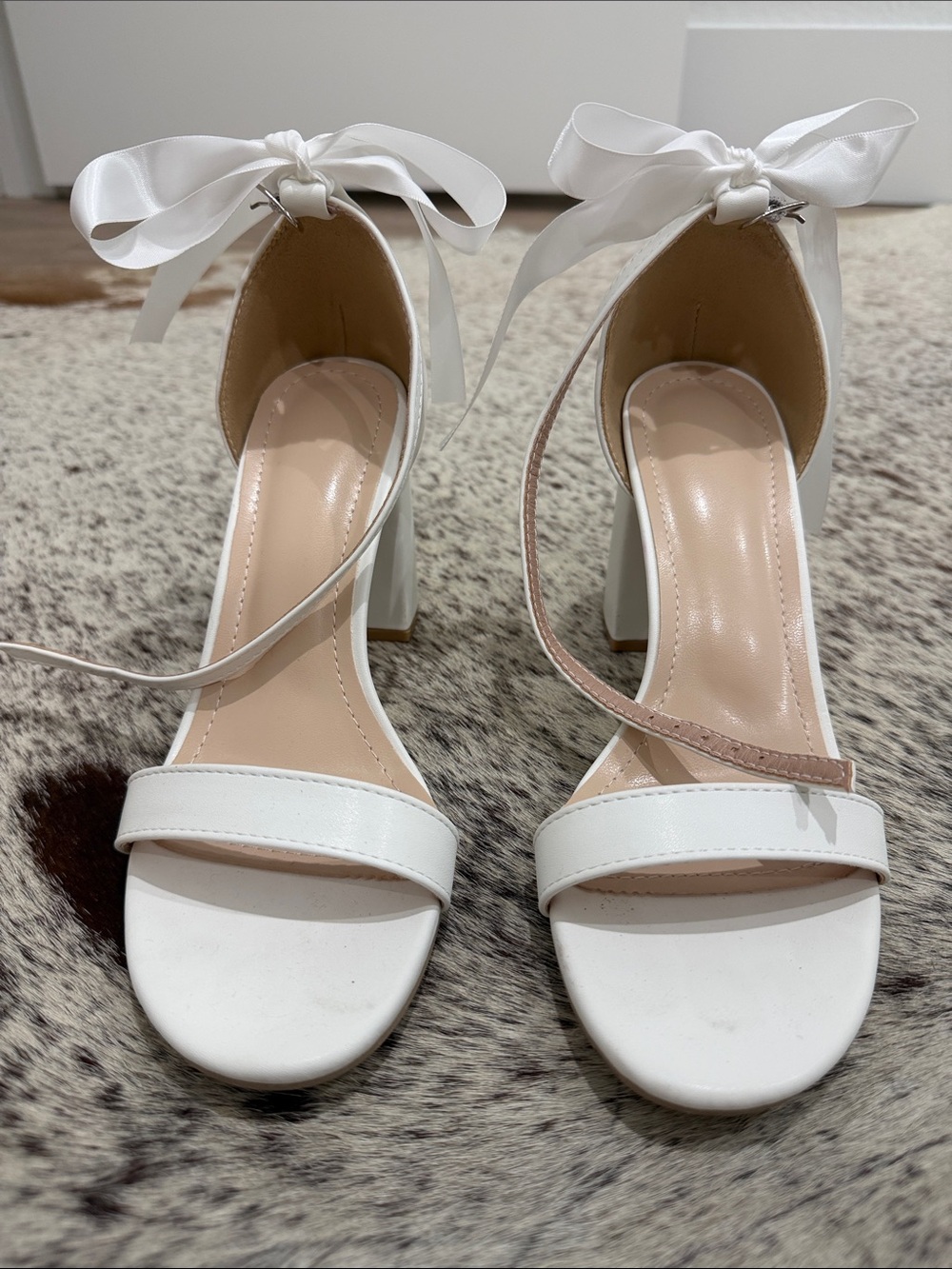 Amazon White Satin Ankle-Tie Block Heel Sandals